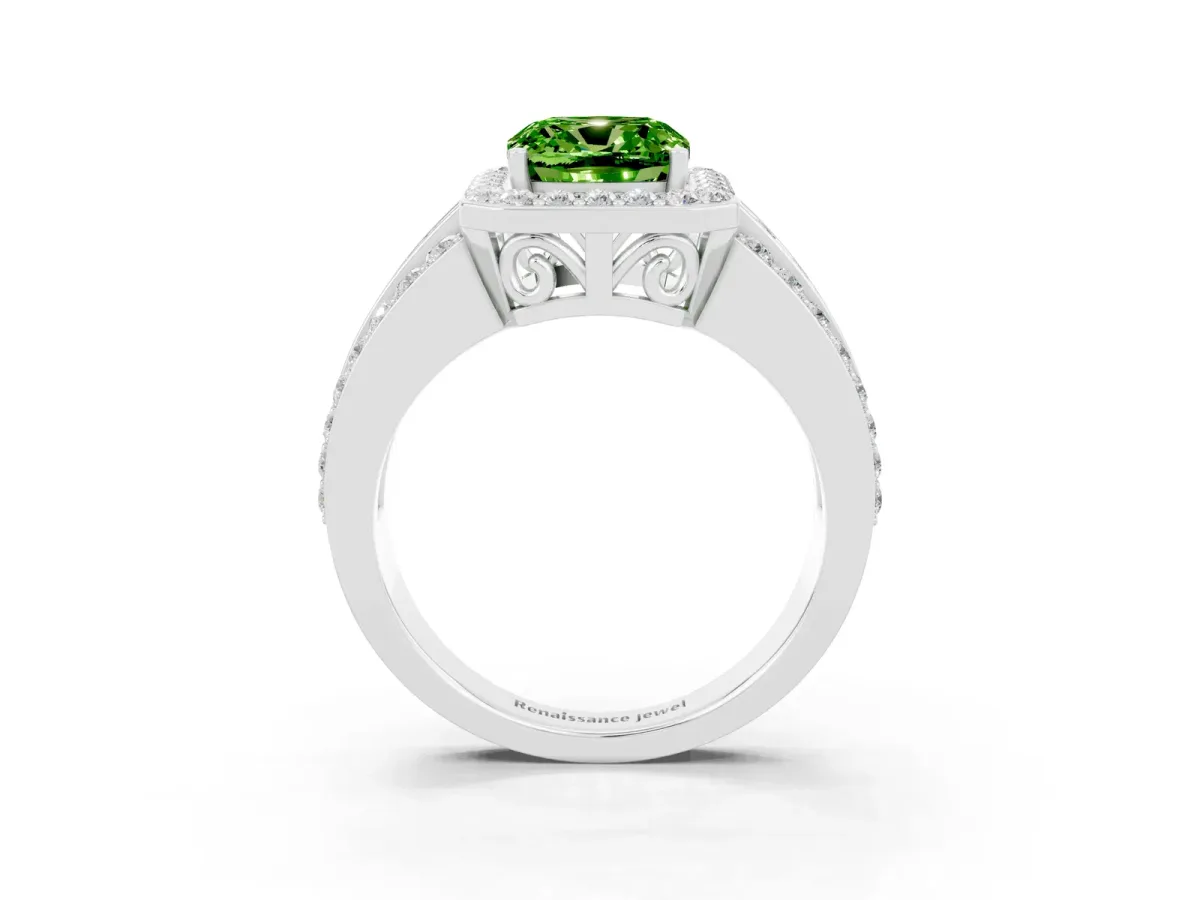 Cushion Cut Halo Peridot Ring with Round Split Shank and Prong Setting Platinum