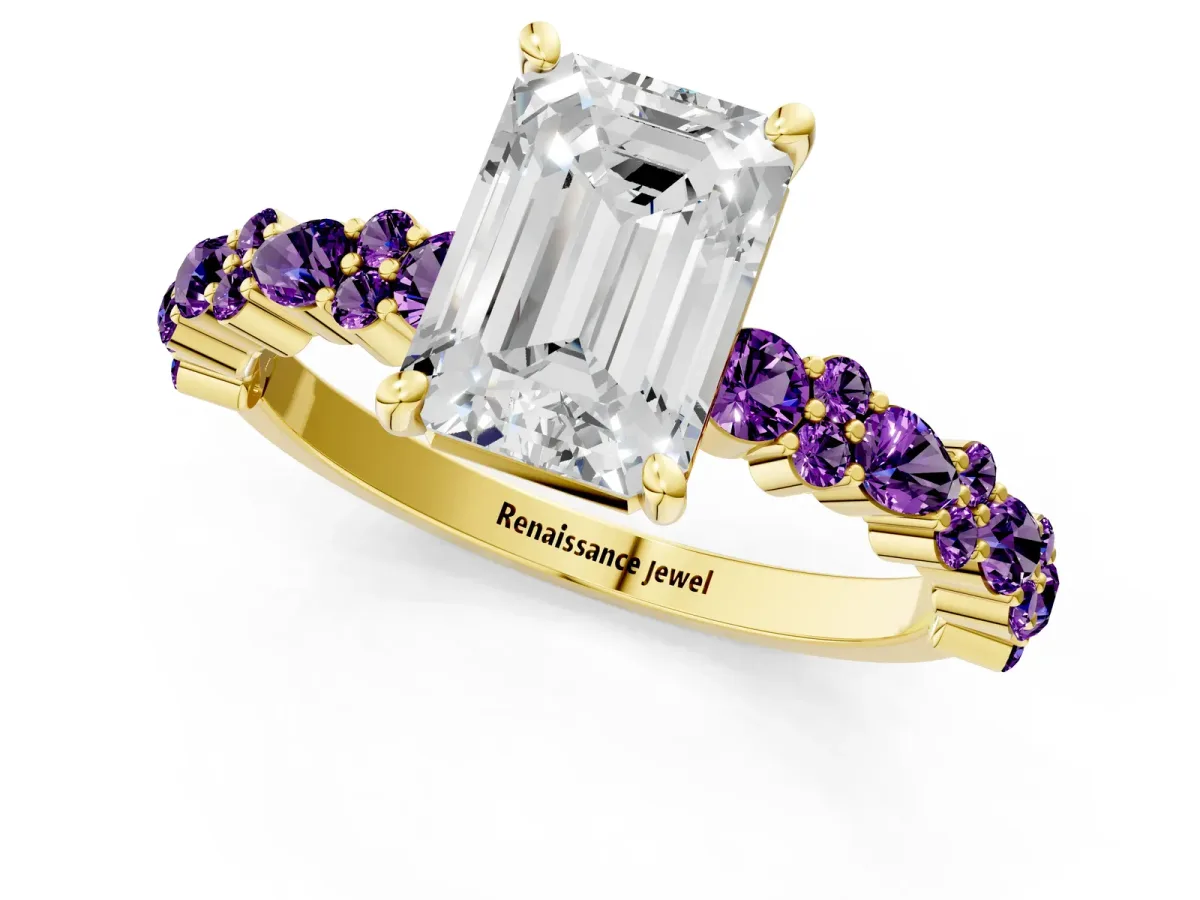 Emerald Cut Diamond Side Stone Solitaire Ring with Round Amethyst and Four-Prong Setting Yellow gold