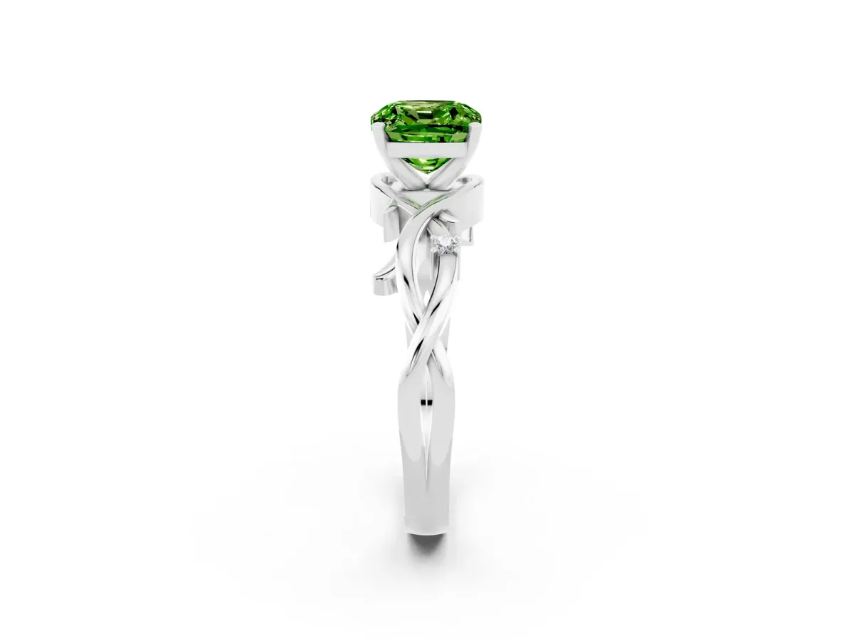 Cushion Cut Peridot Solitaire Ring with Twisted Band and Prong Setting Platinum