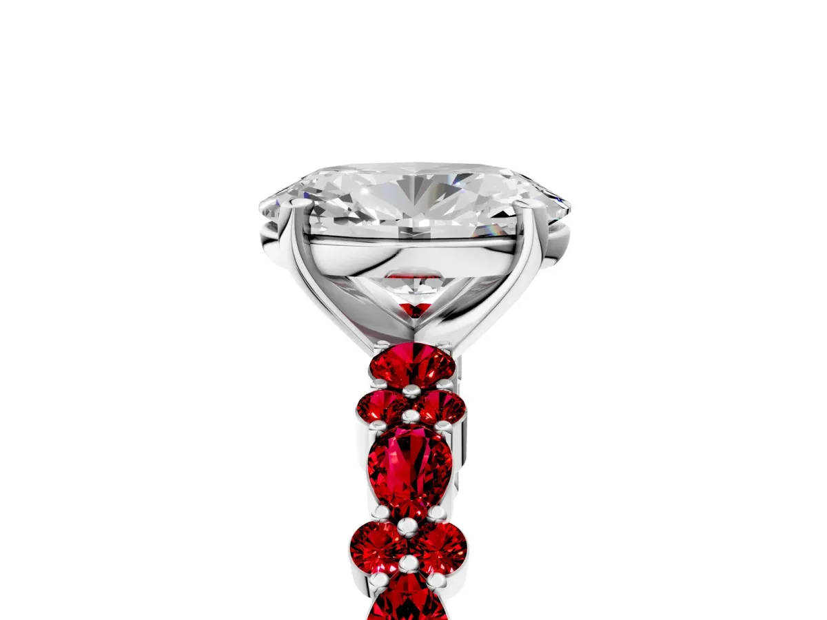 Oval Cut Diamond Side Stone Solitaire Ring with Round Ruby and Four-Prong Setting Silver