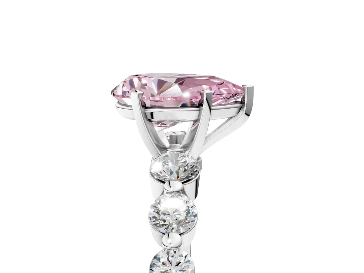 Fancy Pink Pear Cut Solitaire Diamond Ring with Pave Band and Four-Prong Setting Silver