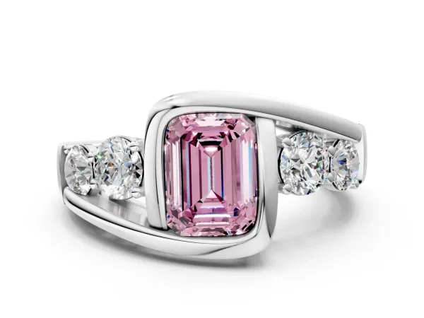 Fancy Pink Bezel Set Emerald Cut Diamond Bypass Ring with Round Accents Platinum