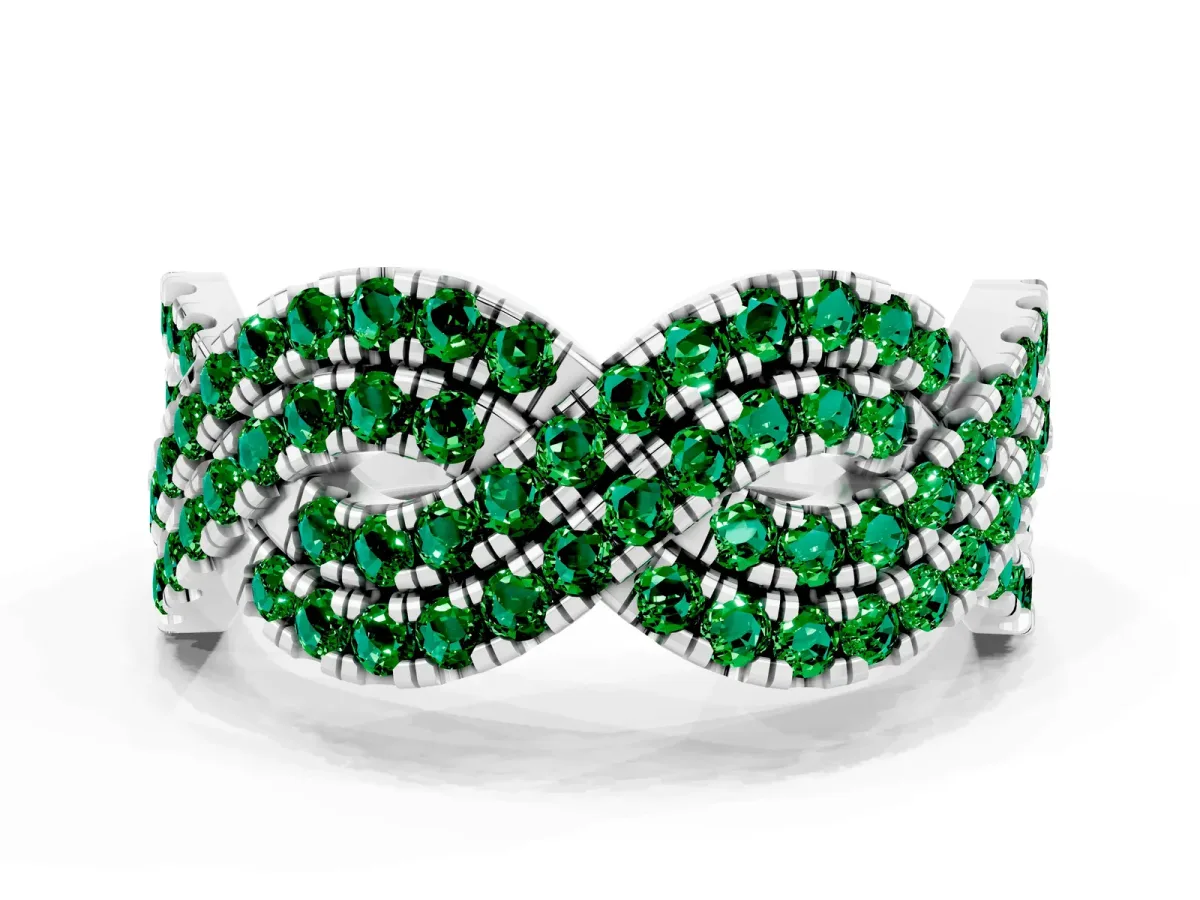 Pavé Round Emerald Infinity Twist Band with Shared Prong Setting Platinum