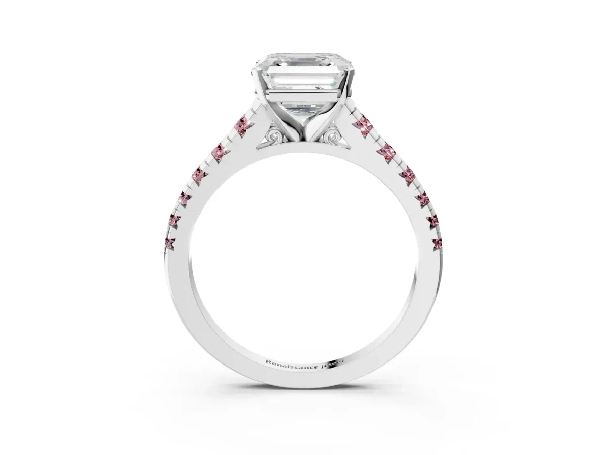 Asscher Cut Diamond Cathedral Solitaire Ring with Round Morganite Pavé Band Silver