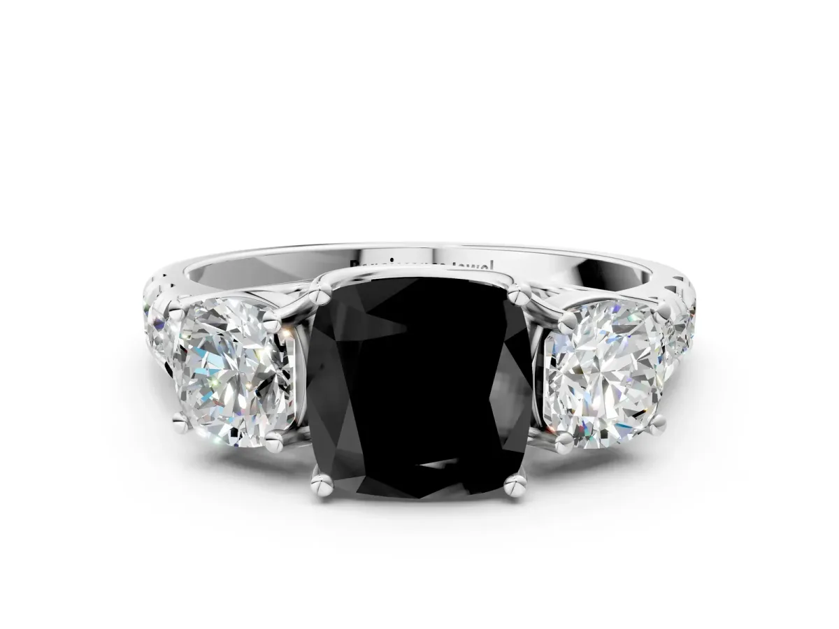 Fancy Black Three-Stone Cushion Cut Diamond Pavé Band with Prong Setting Platinum