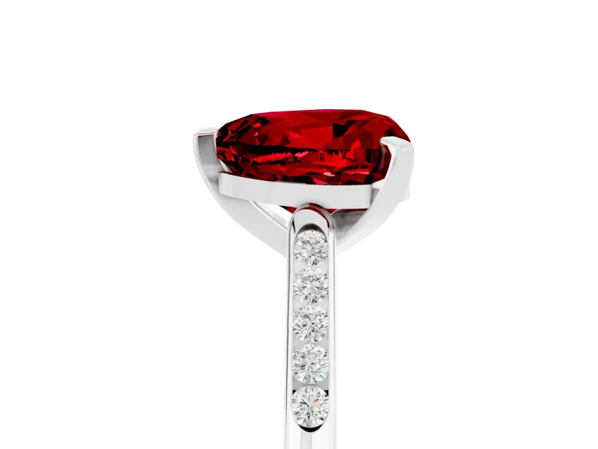 Heart Cut Ruby Solitaire Ring with Channel Set Round Band and Prong Setting Silver