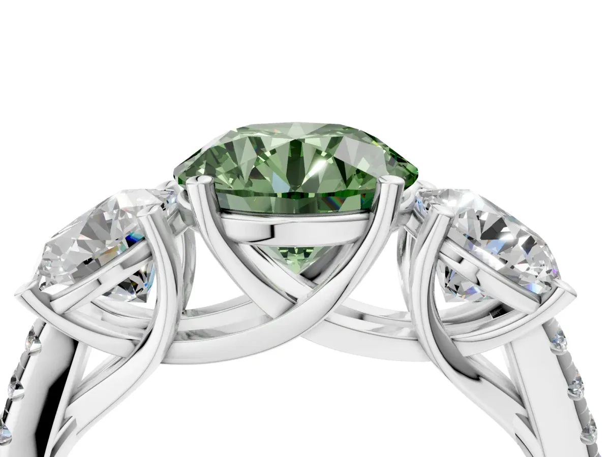 Fancy Green Three-Stone Round Cut Diamond Ring with Round Pavé Band and Prong Setting Silver