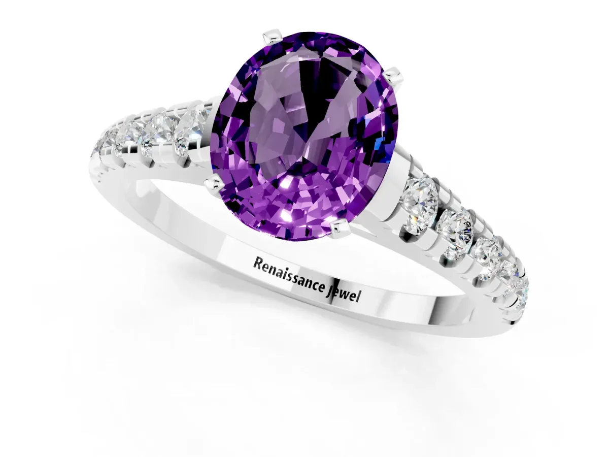 Oval Cut Amethyst Cathedral Solitaire Ring with Round Pavé Band Silver
