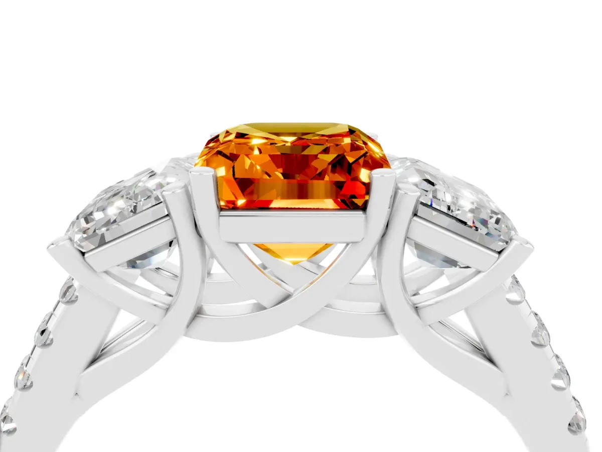 Three-Stone Emerald Cut Citrine Ring with Round Pavé Band and Prong Setting White gold