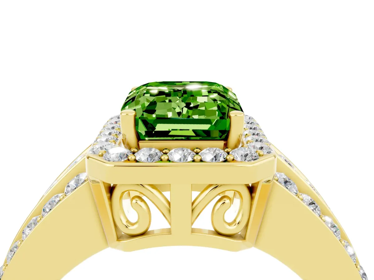 Emerald Cut Halo Peridot Ring with Round Split Shank and Prong Setting Yellow gold