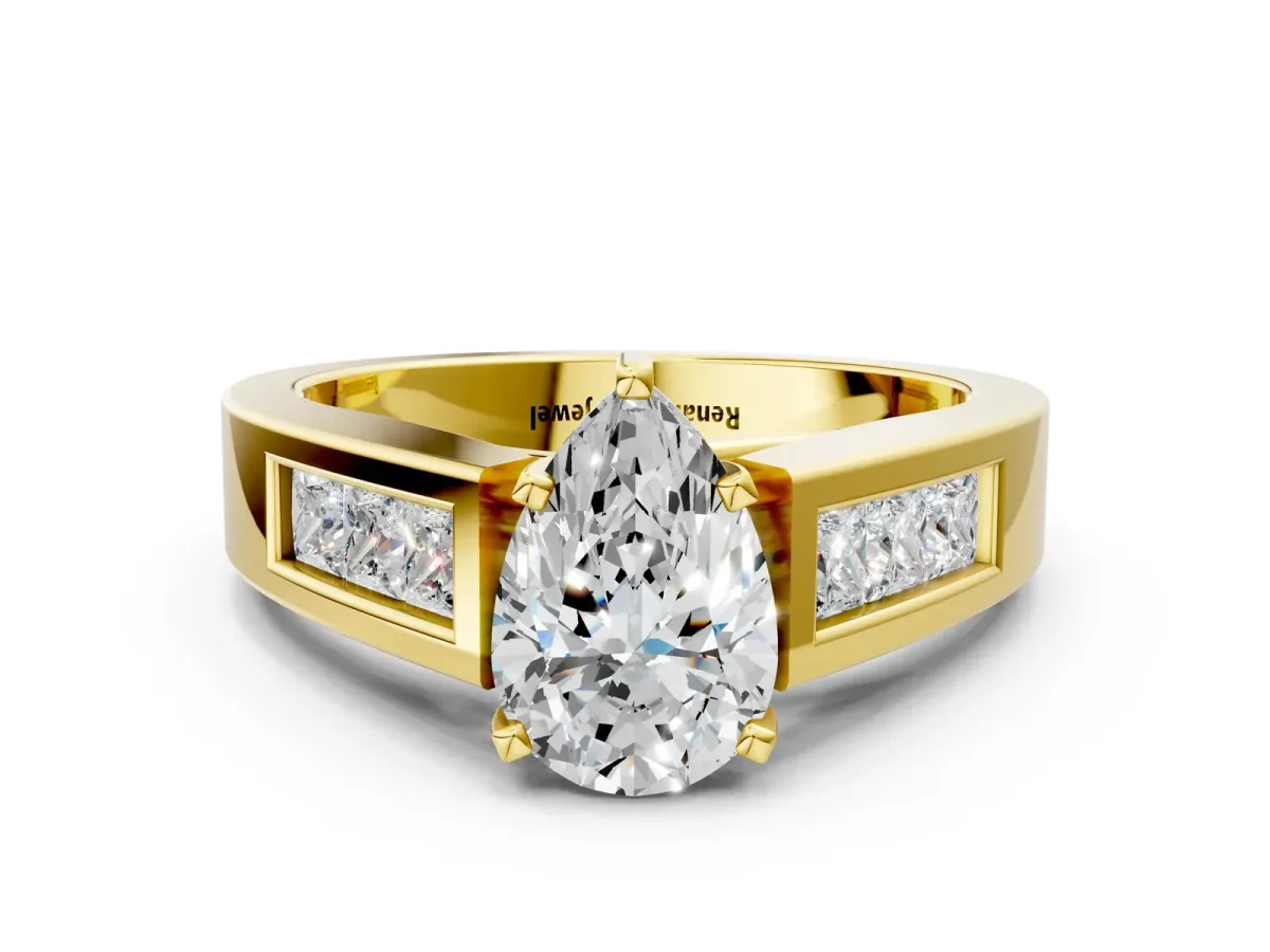 Pear Cut Cut Channel Set Solitaire Ring with Four-Prong Setting Yellow gold