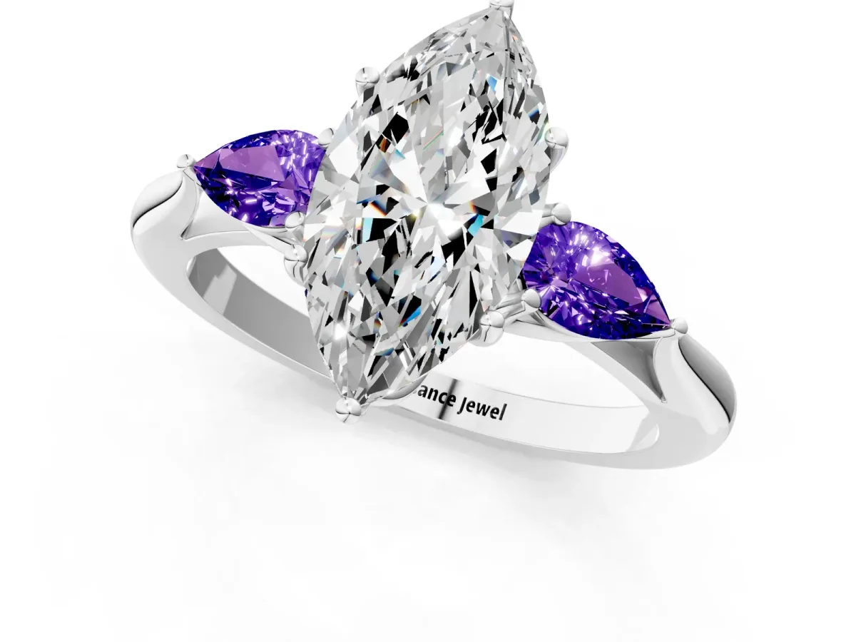 Marquise Cut Diamond Three-Stone Ring with Pear Tanzanite Side Stones and Prong Setting Silver