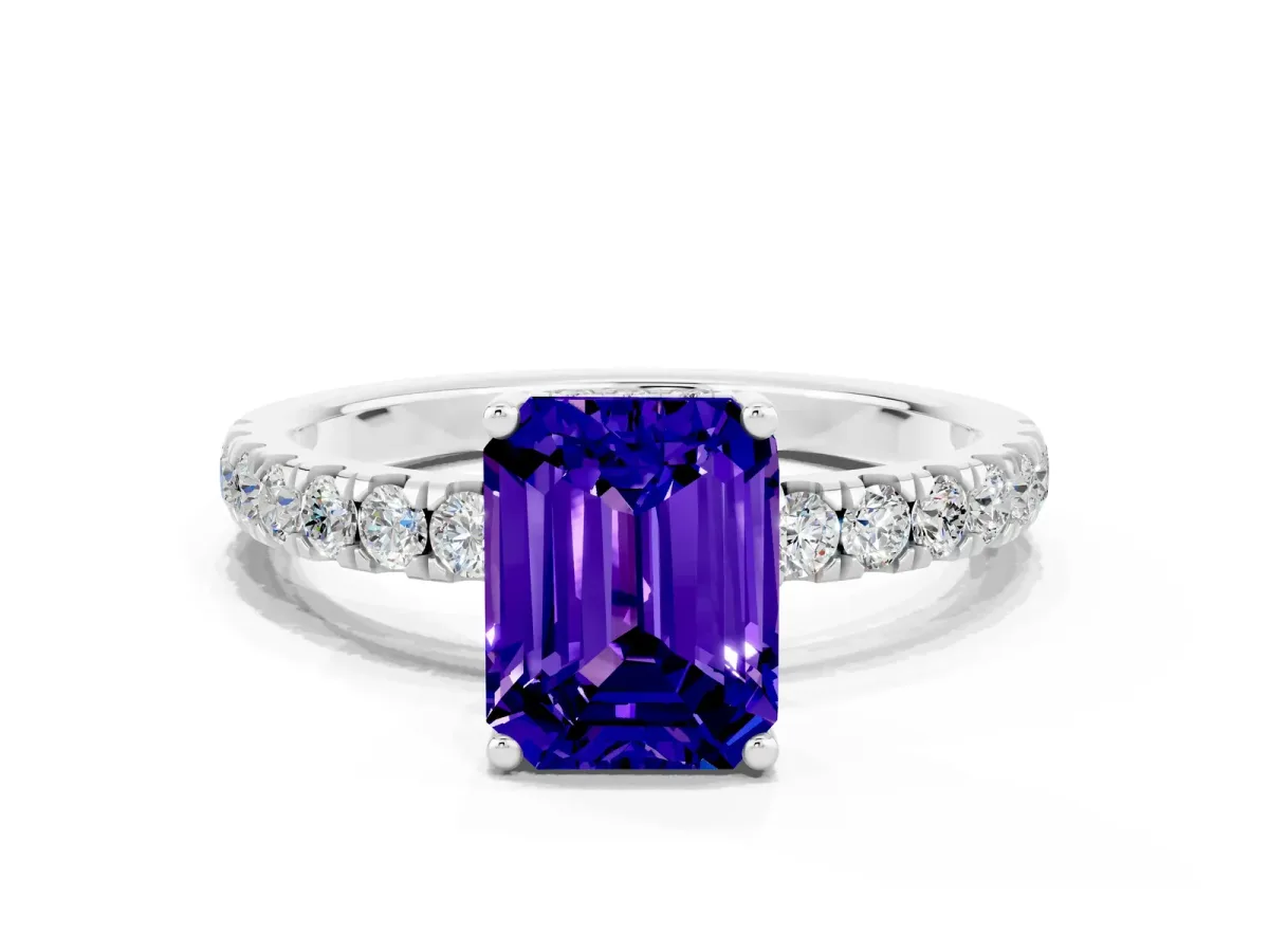 Emerald Cut Tanzanite Pave Band Solitaire Ring with Round and Prong Setting Silver
