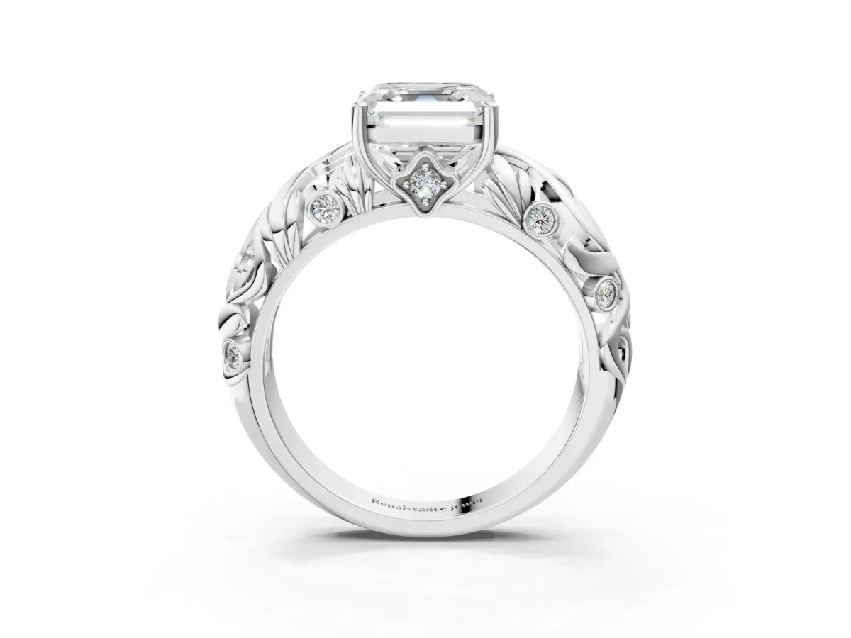 Asscher Cut Solitaire Diamond Leaf-Inspired Vine Band Ring with Prong Setting Platinum