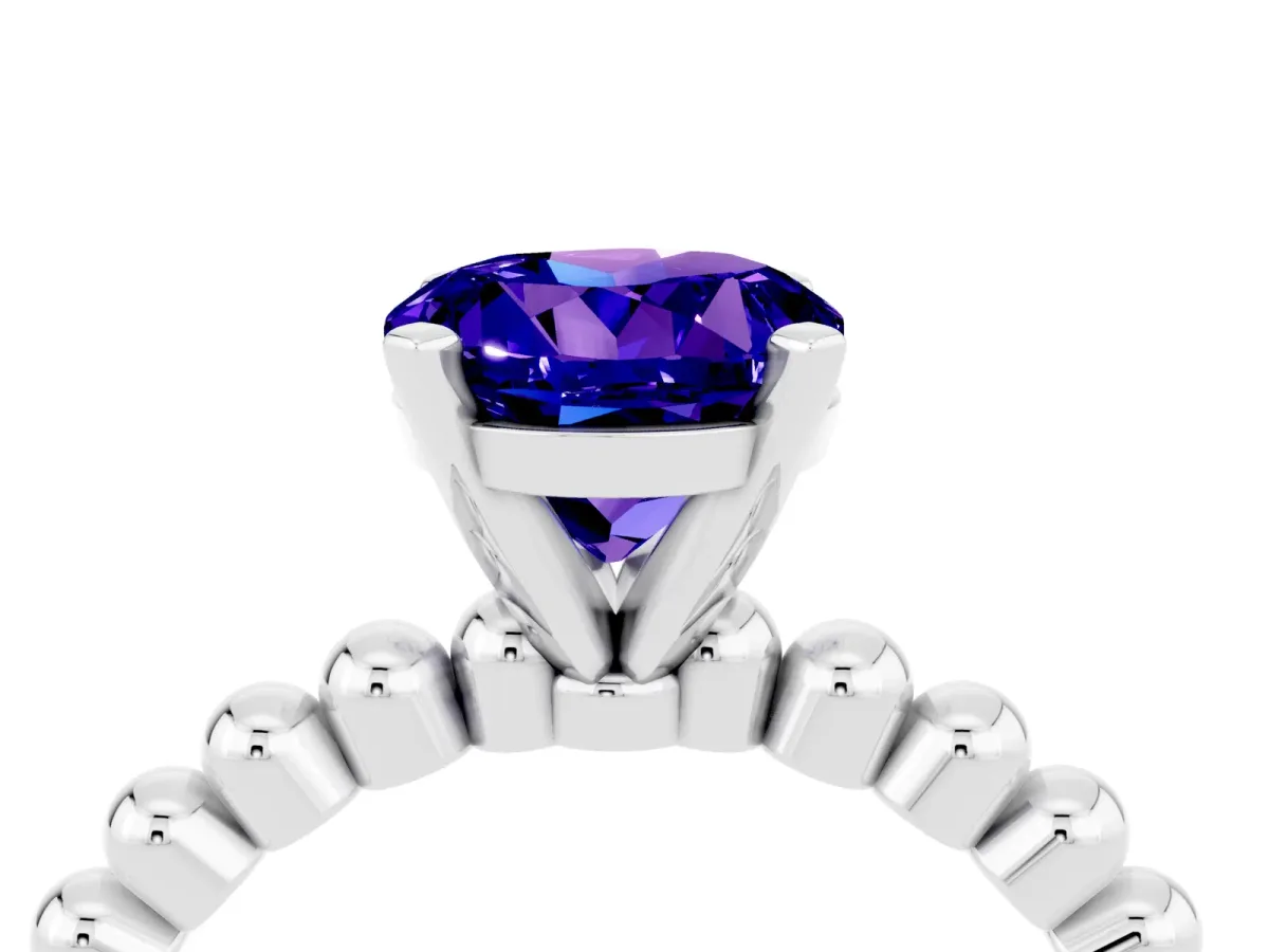 Round Cut Tanzanite Solitaire Ring with Beaded Band and Prong Setting Silver
