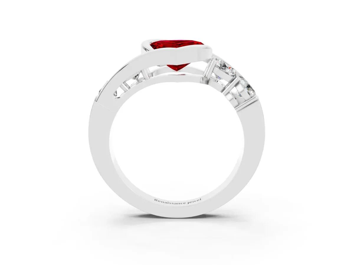 Bezel Set Heart Cut Ruby Bypass Ring with Round Accents Silver