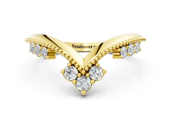 Diamond Chevron Milgrain Band with Round Cut Stones and Prong Setting Yellow gold