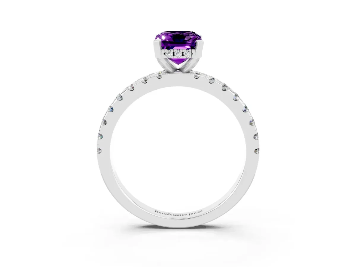 Emerald Cut Amethyst Solitaire Ring with Round Pavé Band and Four-Prong Setting Silver