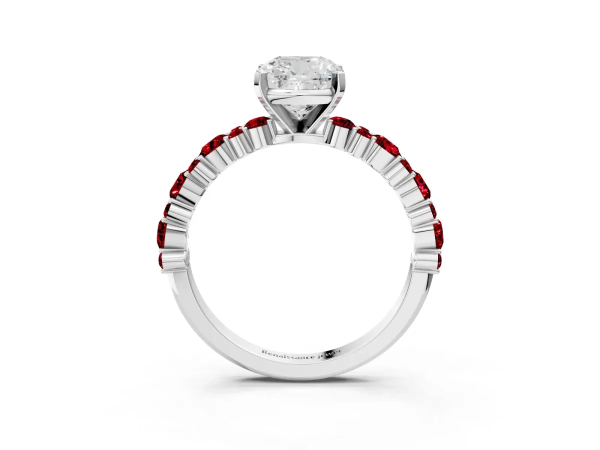 Cushion Cut Diamond Side Stone Solitaire Ring with Round Ruby and Four-Prong Setting Platinum