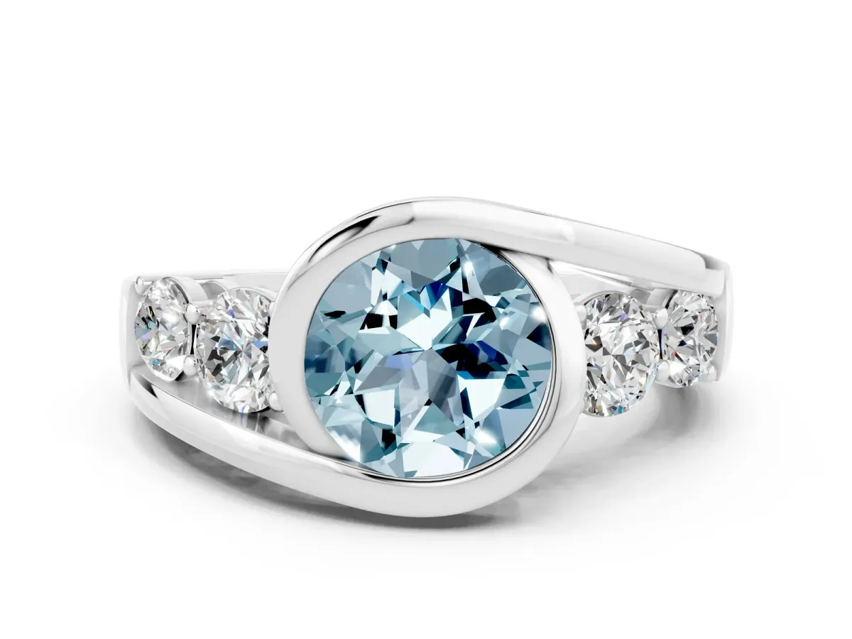 Bezel Set Round Cut Aquamarine Bypass Ring with Round Accents Silver