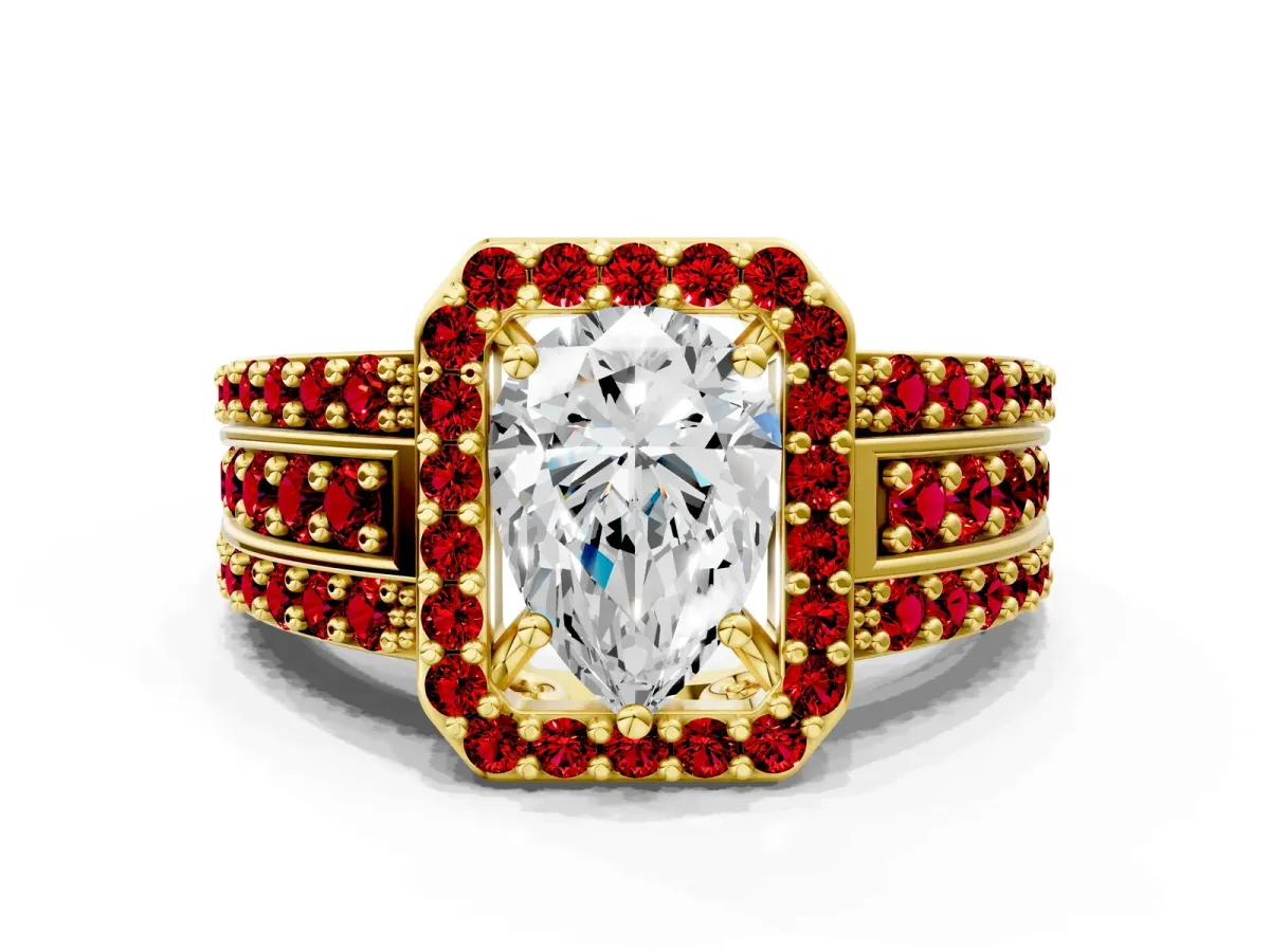 Pear Cut Halo Diamond Ring with Round Ruby Split Shank and Prong Setting Yellow gold