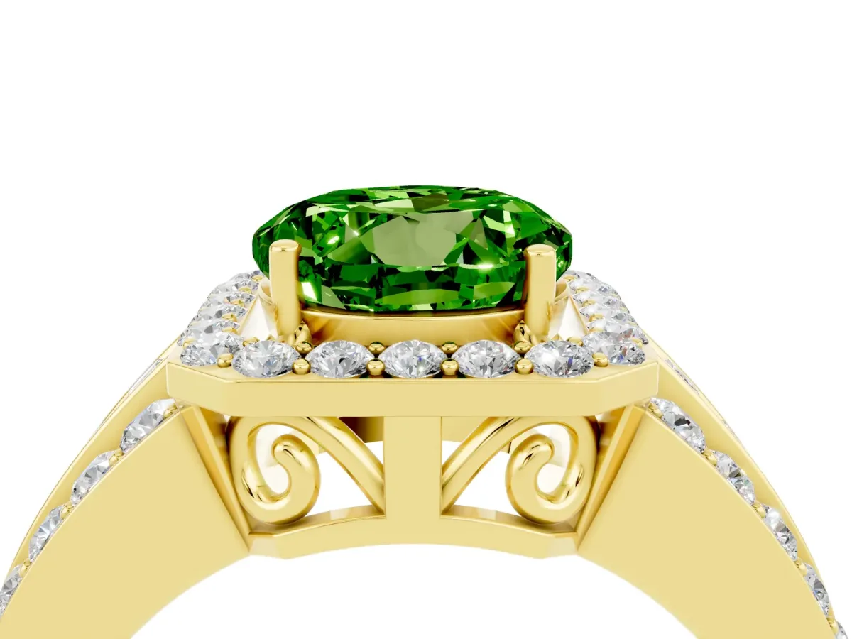 Round Cut Halo Peridot Ring with Round Split Shank and Prong Setting Yellow gold