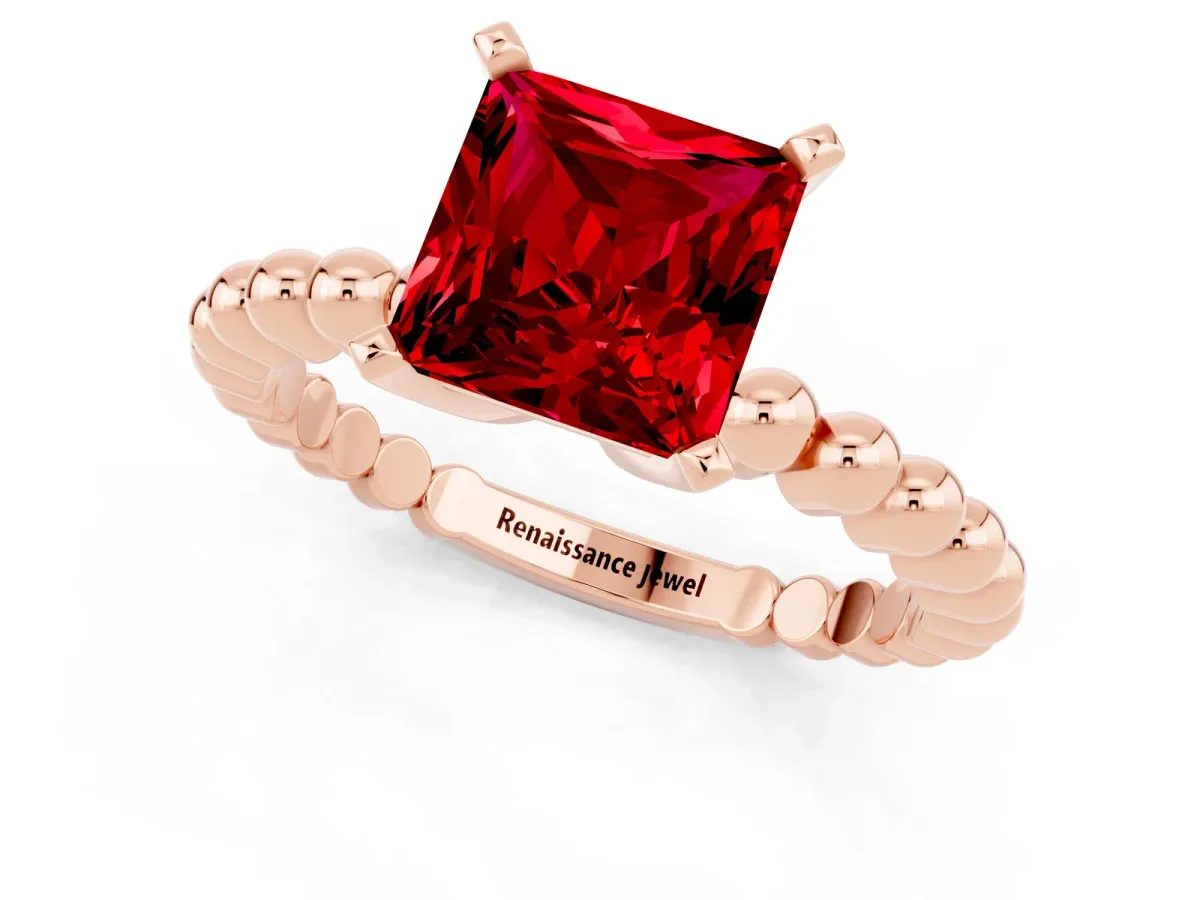 Princess Cut Ruby Solitaire Ring with Beaded Band and Prong Setting Rose gold