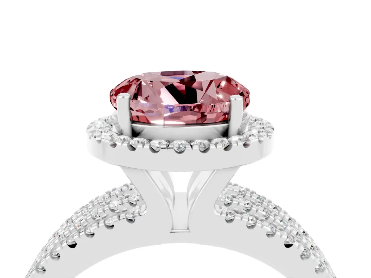 Round Cut Morganite Halo Engagement Ring with Split Shank and Four-Prong Setting Platinum