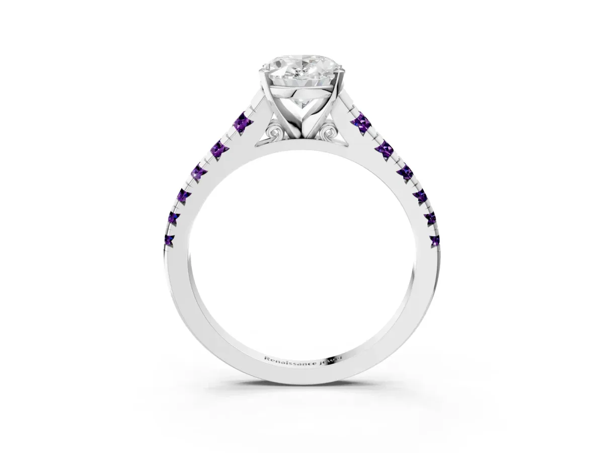 Oval Cut Diamond Cathedral Solitaire Ring with Round Amethyst Pavé Band Platinum