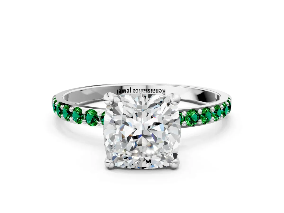 Cushion Cut Diamond Solitaire Ring with Round Emerald Pavé Band and Prong Setting Silver