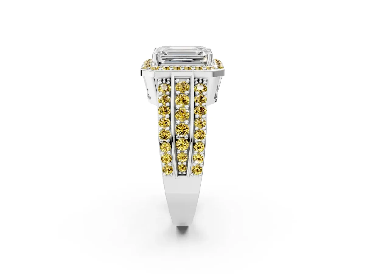 Emerald Cut Halo Diamond Ring with Round Yellow Sapphire Split Shank and Prong Setting Silver