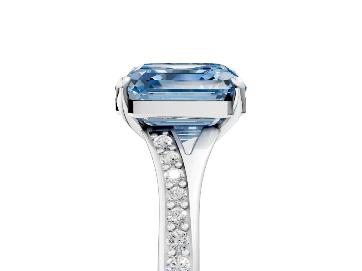 Fancy Blue Asscher Cut Diamond Solitaire Ring with Pavé Band and Prong Setting Platinum
