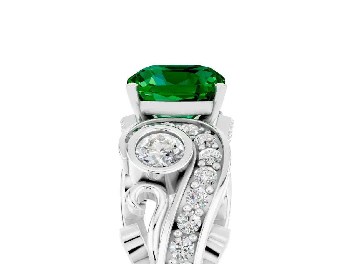 Cushion Cut Emerald Solitaire Ring with Milgrain Pavé Band and Four-Prong Setting Silver