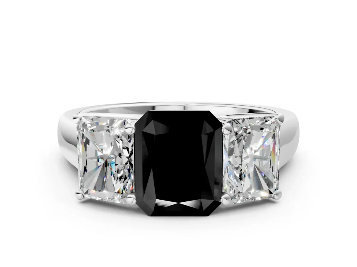 Fancy Black Radiant Cut Three-Stone Diamond Ring with Prong Setting on a Classic Band Platinum