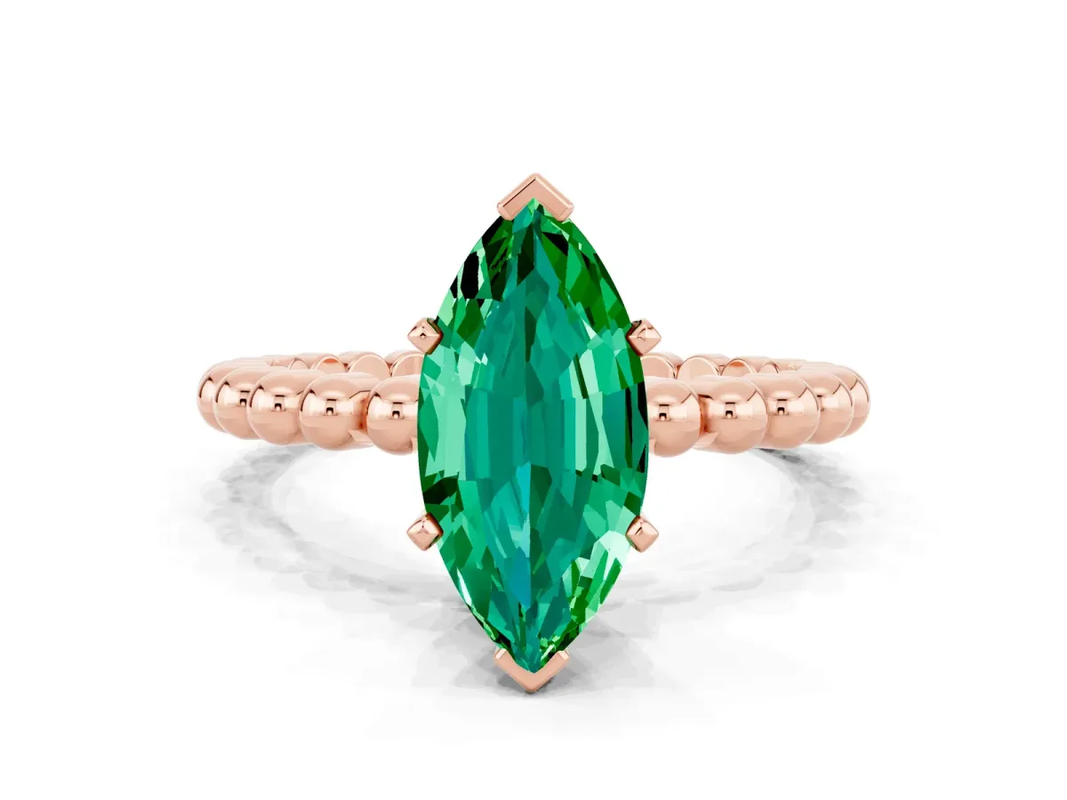 Marquise Cut Emerald Solitaire Ring with Beaded Band and Prong Setting Rose gold