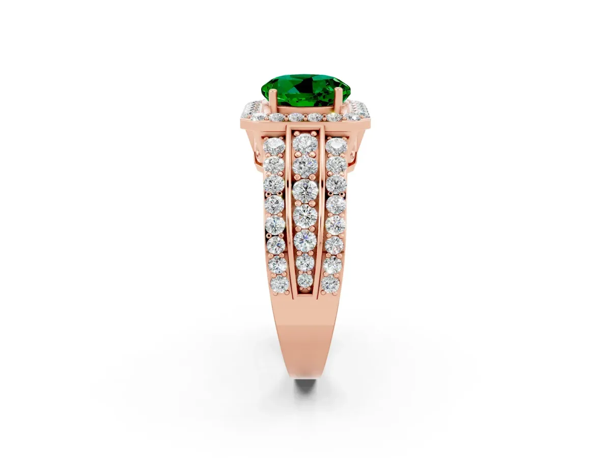 Round Cut Halo Emerald Ring with Round Split Shank and Prong Setting Rose gold