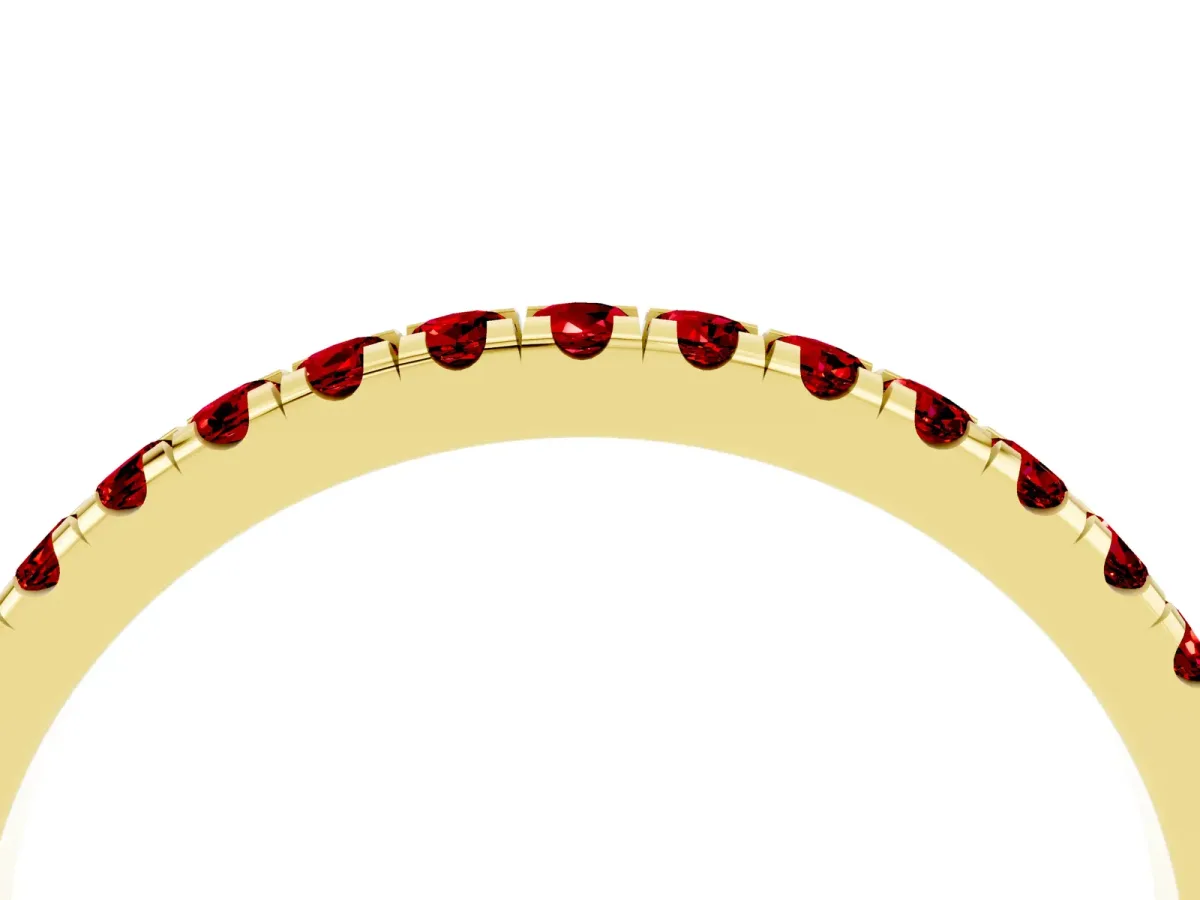 Pavé Round Ruby Half Eternity Band with Shared Prong Setting Yellow gold