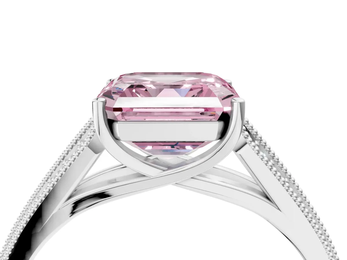 Fancy Pink Asscher Cut Cut Pave Split Shank Engagement Ring with Four-Prong Setting Platinum