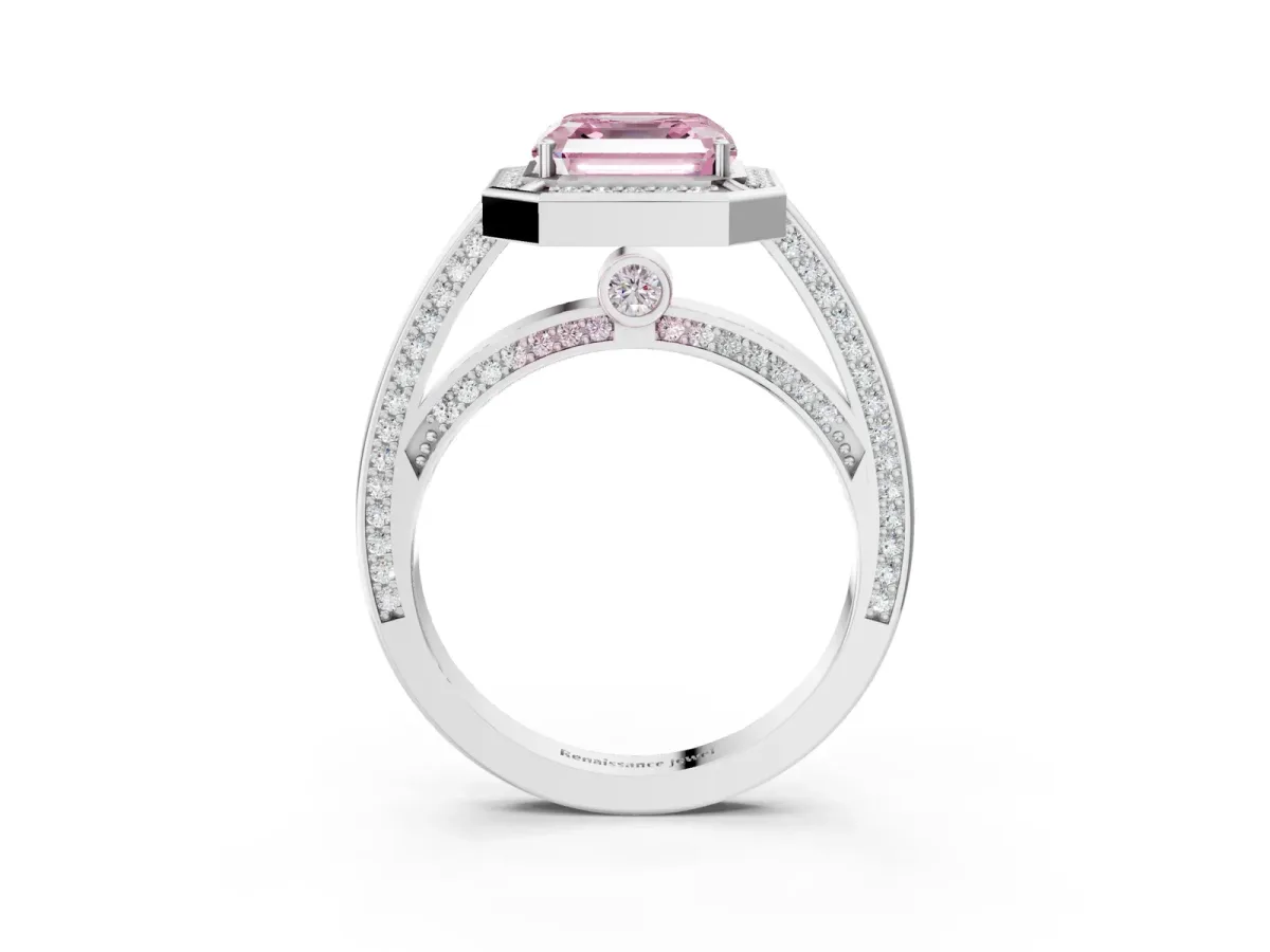 Fancy Pink Asscher Cut Cut Halo Pave Split Shank Prong Setting Ring Platinum