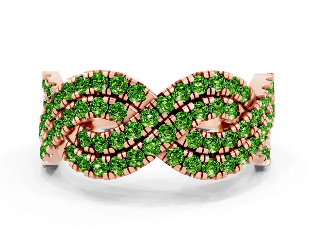 Pavé Round Peridot Infinity Twist Band with Shared Prong Setting Rose gold