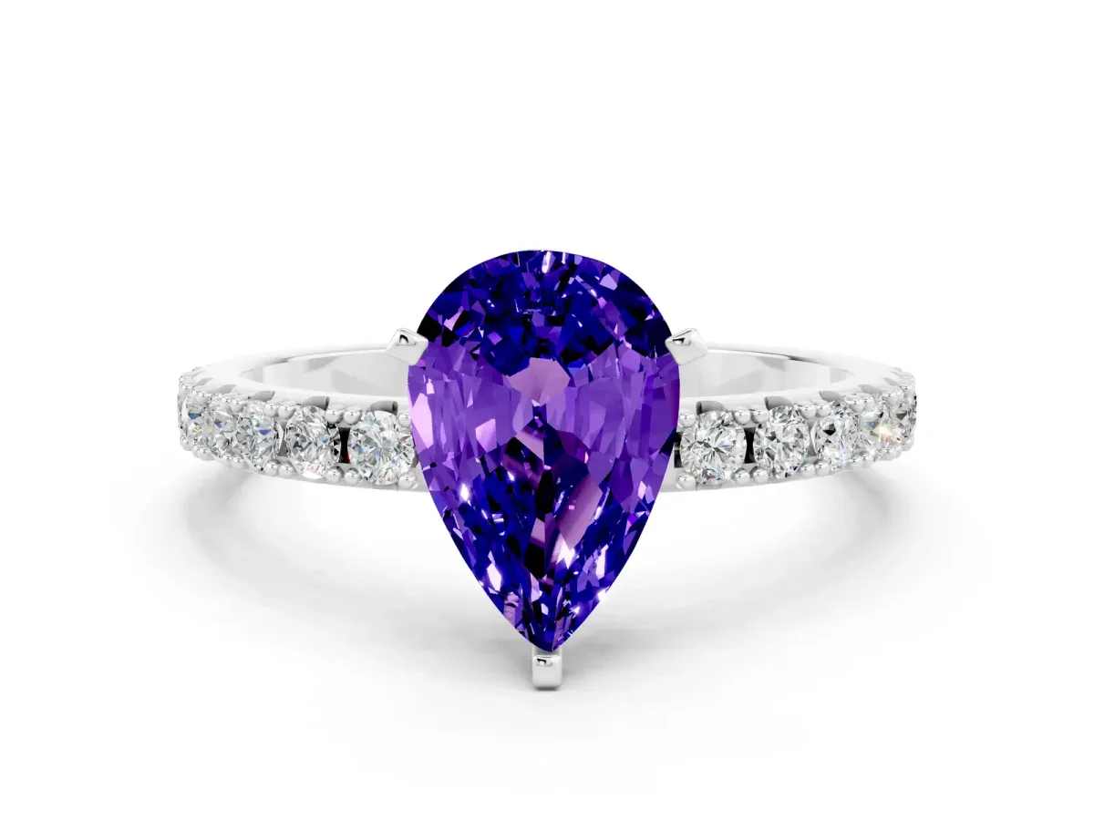 Pear Cut Tanzanite Solitaire Pavé Band with Four-Prong Setting Platinum