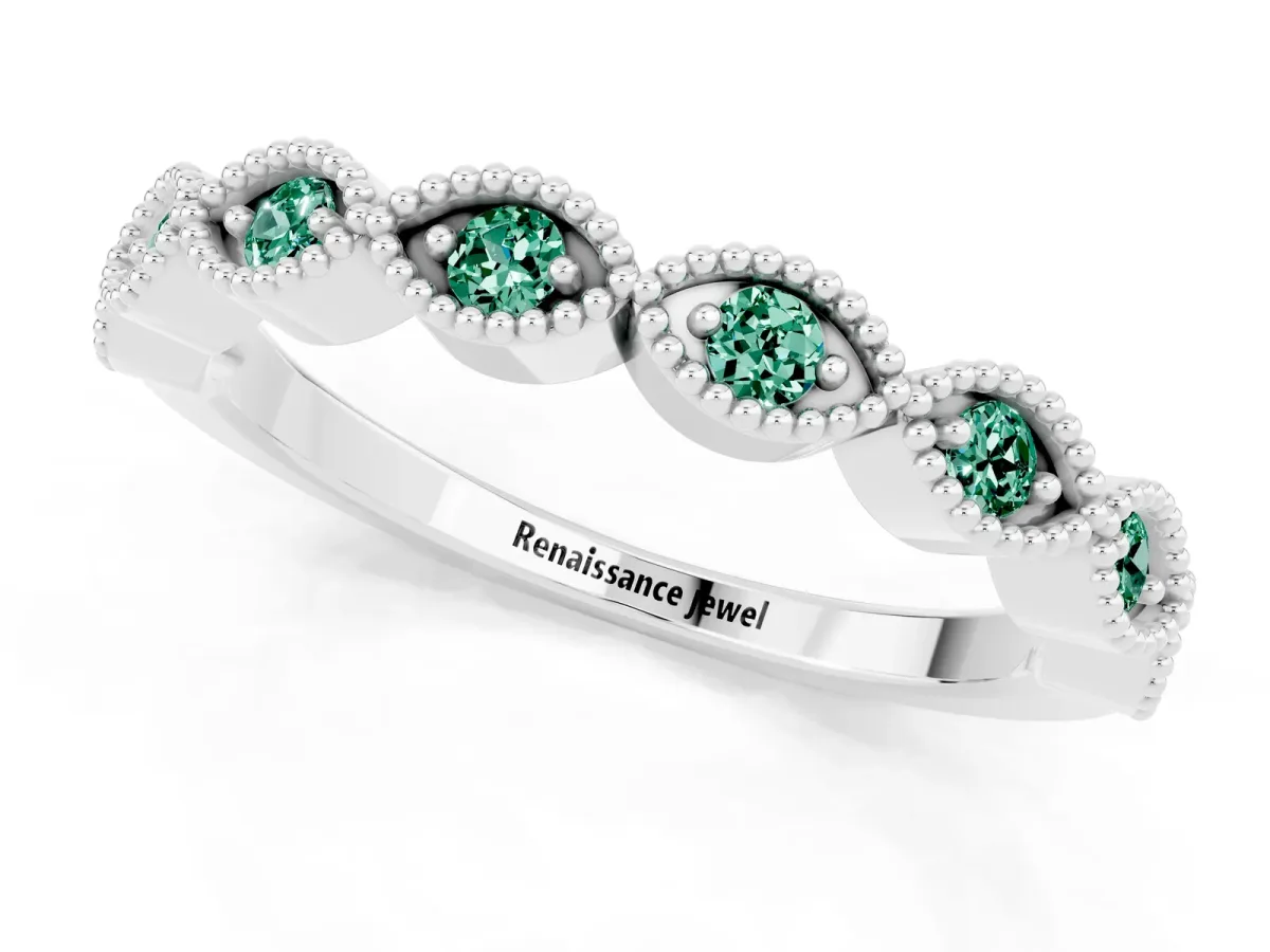 Milgrain Marquise Green Sapphire Half Eternity Band with Bezel Setting Platinum