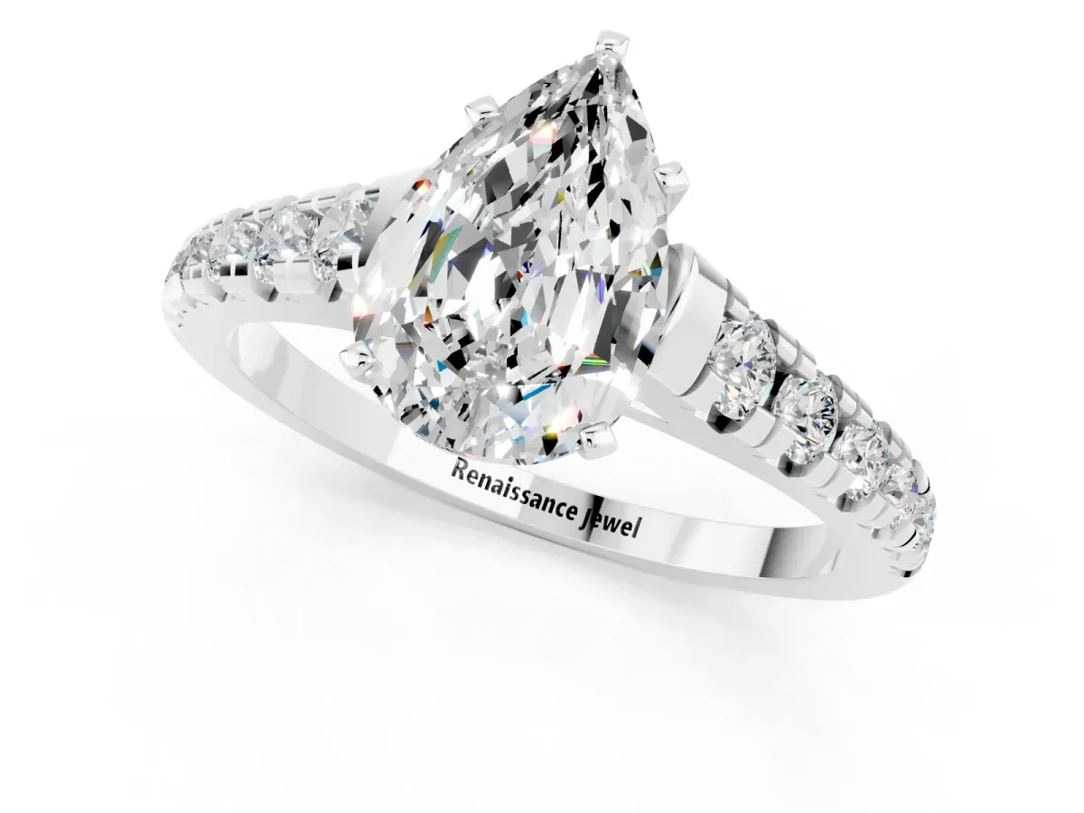 Pear Cut Moissanite Cathedral Solitaire Ring with Round Pavé Band Platinum