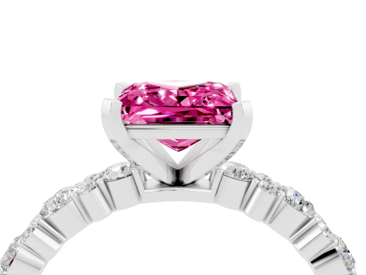 Princess Cut Pink Sapphire Side Stone Solitaire Ring with Round and Four-Prong Setting Silver