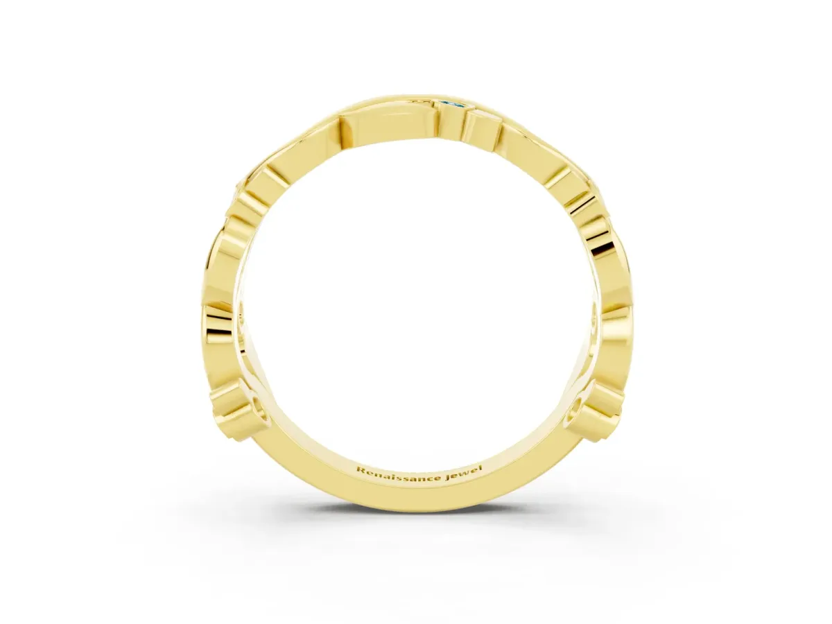 Round Blue Topaz Leaf Eternity Band with Bezel Setting Yellow gold