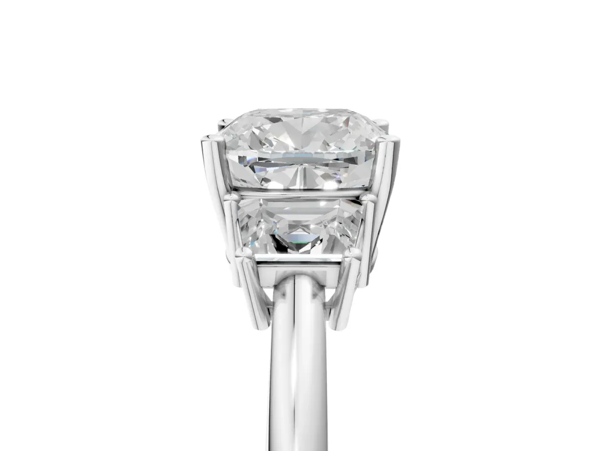 Cushion Cut Diamond Three-Stone Ring with Trapezoid Side Stones and Prong Setting White gold