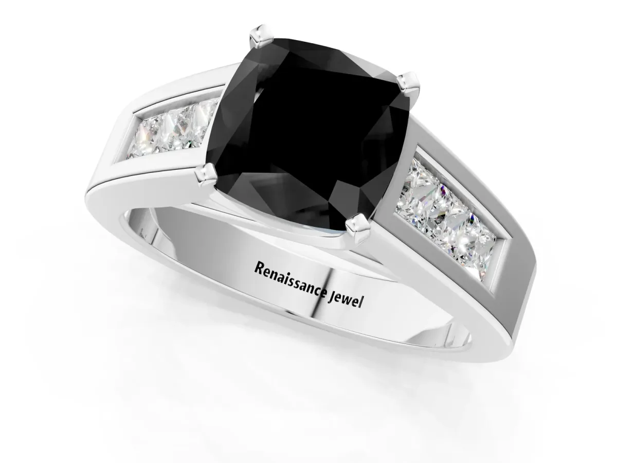 Fancy Black Cushion Cut Cut Channel Set Solitaire Ring with Four-Prong Setting Silver