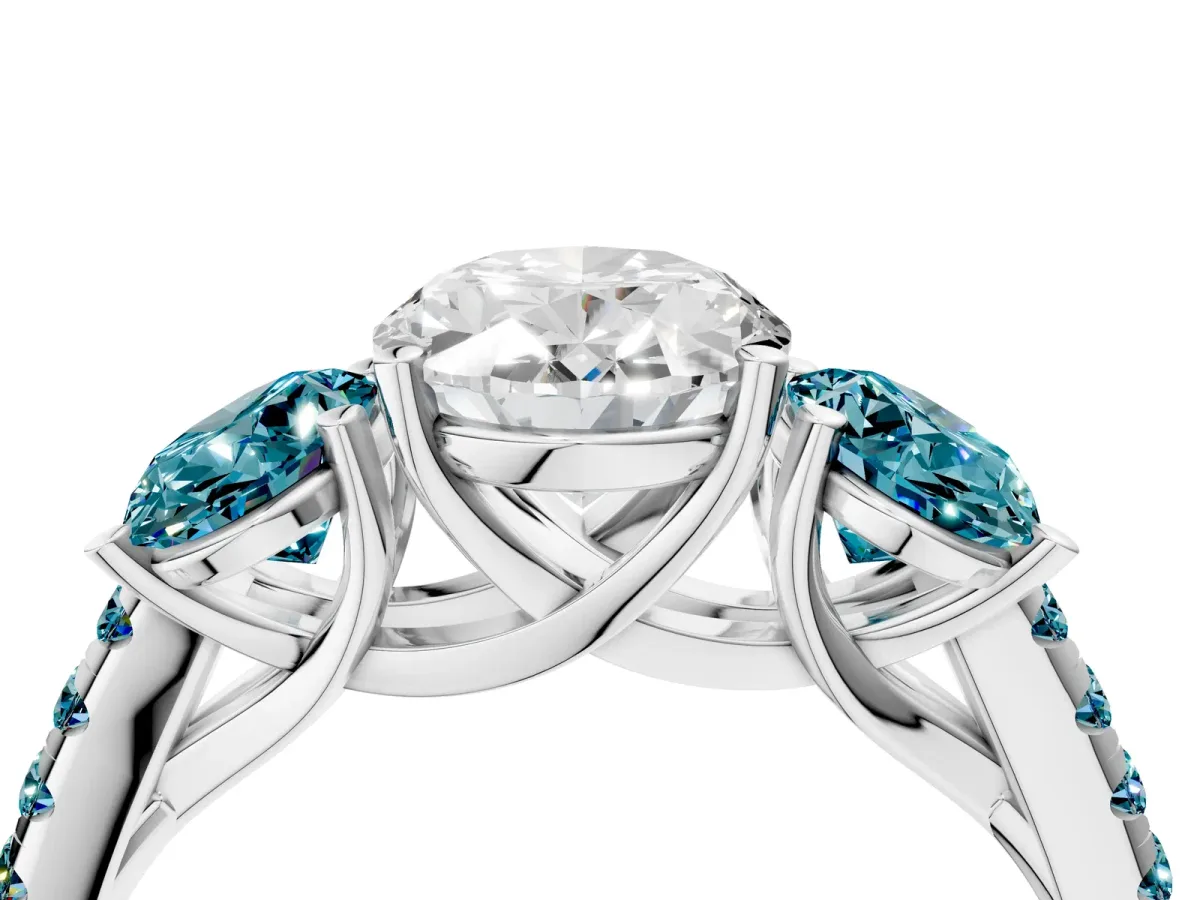 Three-Stone Oval Cut Diamond Ring with Round Blue Topaz Pavé Band and Prong Setting Silver