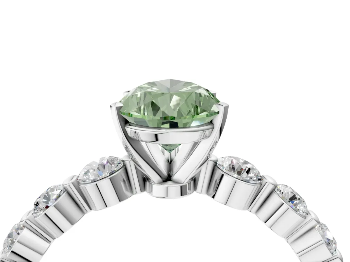 Fancy Green Pear Cut Solitaire Diamond Ring with Pave Band and Four-Prong Setting Platinum