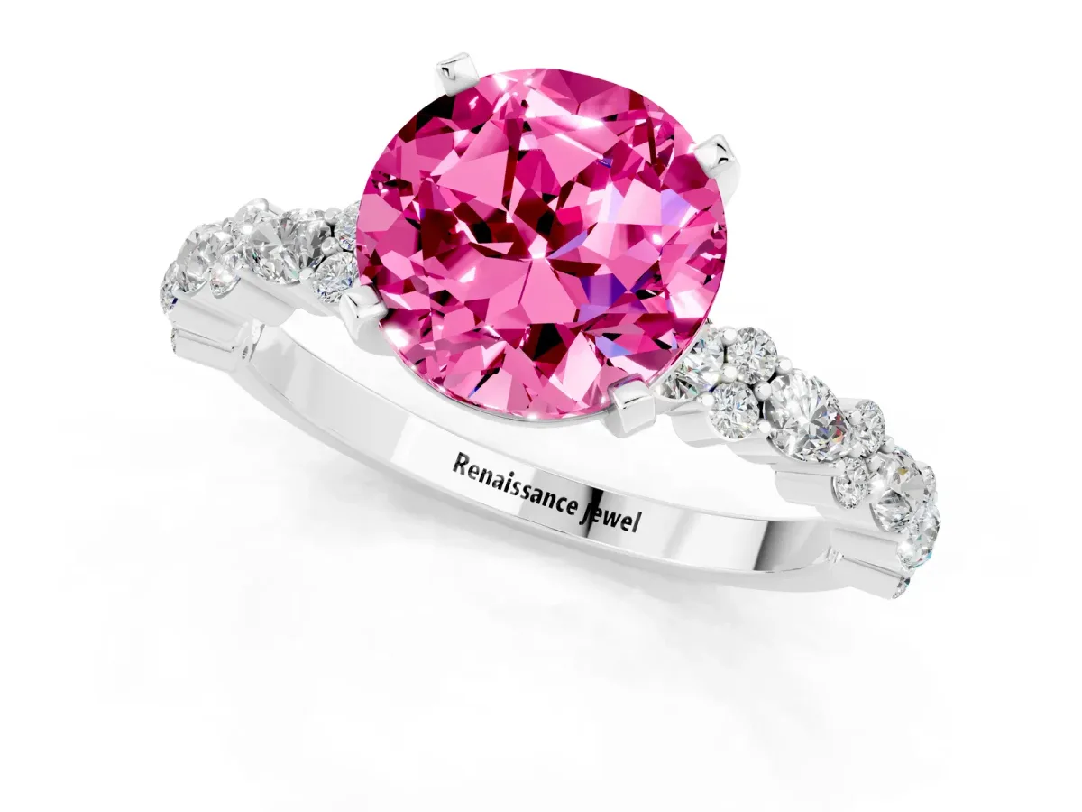 Round Cut Pink Sapphire Side Stone Solitaire Ring with Round and Four-Prong Setting Silver